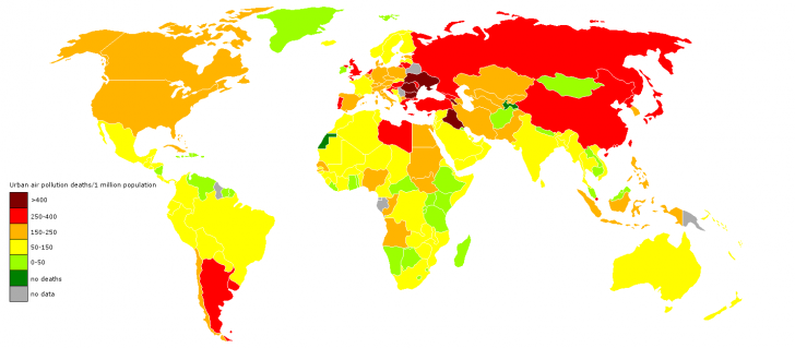 world map showing statistics of death due to air pollution, effects of air pollution 